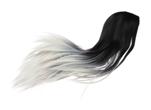 Wind blow long wavy straight Wig hair style fly fall. Mix dying black white woman wig hair float in mid air. Long straight dying black mix white wig hair wind blow throw. White background isolated
