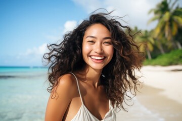 Asian woman smiling happy on tropical beach