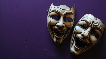 Comedy and tragedy masks on a purple background - obrazy, fototapety, plakaty