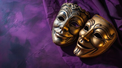 Elegant comedy and tragedy masks on a textured purple cloth