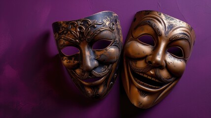 Weathered comedy and tragedy masks on a dark background