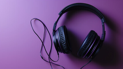 A sleek pair of headphones against a muted purple background
