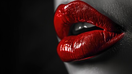 Lustrous red lips in profile view on dark background - obrazy, fototapety, plakaty