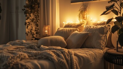 Cozy bedroom with soft lighting and pillows