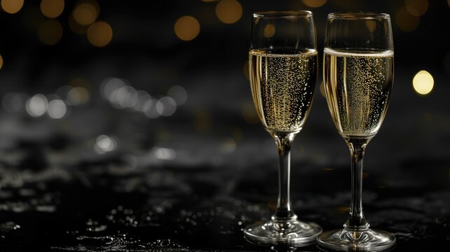 Two champagne glasses with bubbles on a dark background with golden bokeh