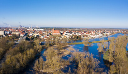 Flood in Front of a Town, Flood on the River, Aerial View, Germany, Europe