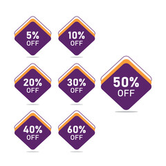 Discount offer sale stickers. Discount sale off tag, 50, 20, 10, 40, 30, 60, 70, 45, 90, 5, 15 percent. Set sale offer emblem, badge price discount number. Flat offer.
