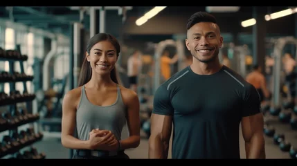 Foto op Plexiglas smiling woman an man with dumbbell - successful fitness studio concept. smiling woman an man with dumbbell © muza