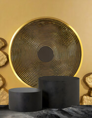 Black rock podium mockup for products, golden and black color of circle on background