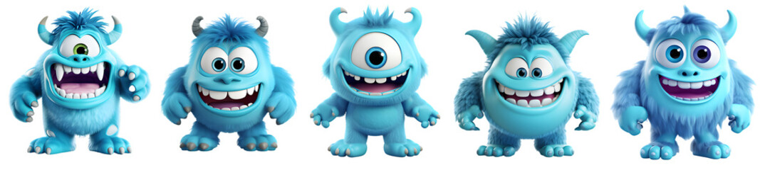 Cute 3d monsters collection, cartoon style. On Transparent background
