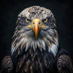 Obraz premium A close up of a bald eagle on a black background, bold and striking.