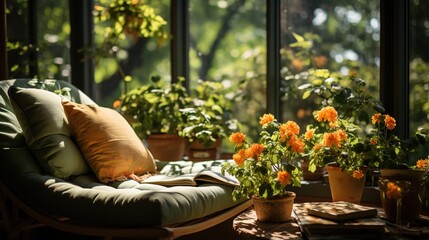 A comfortable green couch sits in a sunroom filled with potted plants and flowers.