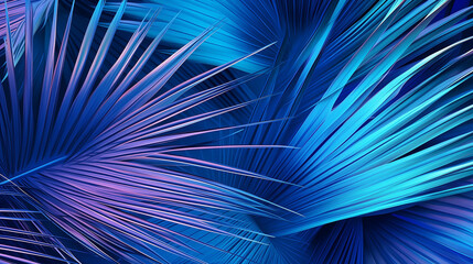 Obraz premium Creative fluorescent blue color layout made of tropical leaves. Flat-lay neon colors. Nature concept. Minimal summer abstract jungle or forest pattern.