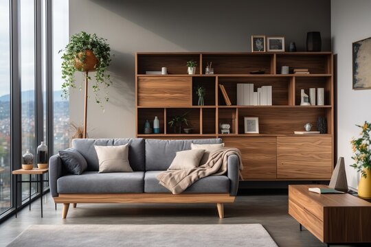 Walnut Wood and Gray Modern Living Room
