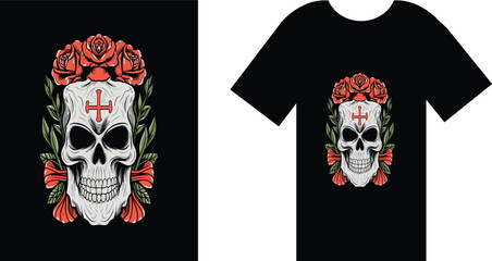 T-shirt design with the sale, Black t-shirt adorned with a skull and roses, Creating a striking and edgy design