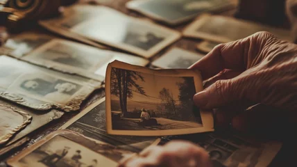 Fotobehang Aged hands holding a sepia-toned photo amongst a collection of old pictures © Artyom