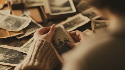 Person reviewing old black and white photos, reflecting on memories