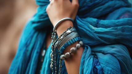 Close-up of a wrist adorned with turquoise and silver jewelry - obrazy, fototapety, plakaty