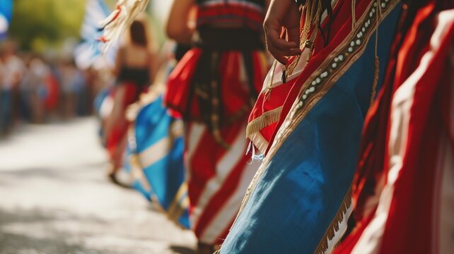 Fototapeta Traditional dancers in a parade, showcasing cultural attire