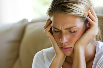 Fototapeta premium Worried Young Woman Holding Her Head