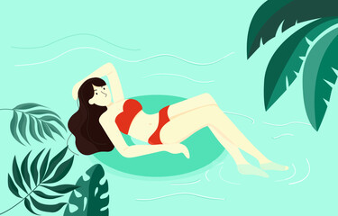 A young woman on  green rubber ring, wearing red bikini, relaxing at sea on holiday. Background banner design for Summer in flat lay styling. Summer time concept vector illustration.