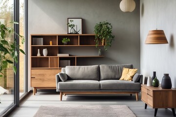 A stylish living room with a gray sofa and wooden bookshelf