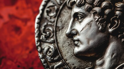 A silver Roman coin depicting Caesar's profile with a strong contrast against a red backdrop - obrazy, fototapety, plakaty