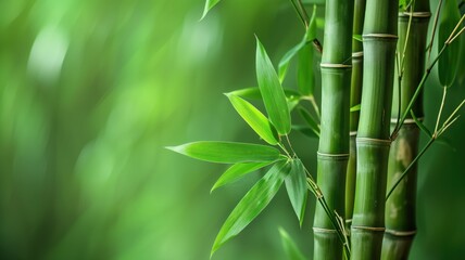Fototapeta premium Vibrant green bamboo leaves and stalks with a soft-focus background