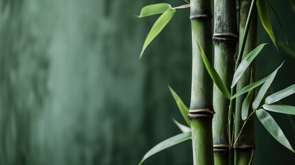 Fototapeta na wymiar Bamboo stalks against a blurred green background, highlighting natural textures