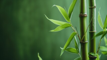 Fototapeta na wymiar Close-up of bamboo stalks with leaves, a calm green background softens the scene