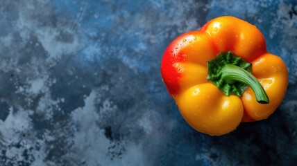 Vibrant red and yellow bell pepper with water droplets on a blue background - Powered by Adobe