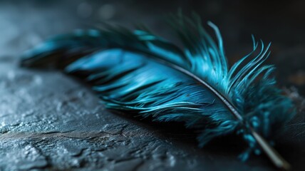 Vivid blue feather on a textured dark background