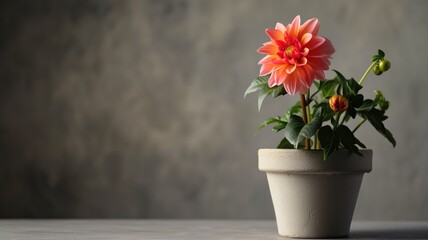 A blooming dahlia in a cream pot on a grey background