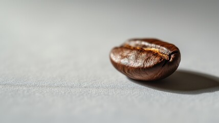 A single coffee bean lies on a white surface, casting a soft shadow