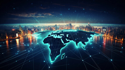 world connected through web3, world map that lights up when interacted, network around the globe, industry 4.0