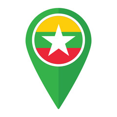 Myanmar flag on map pinpoint icon isolated. Flag of Myanmar