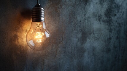 Illuminated light bulb hanging against a textured wall - obrazy, fototapety, plakaty
