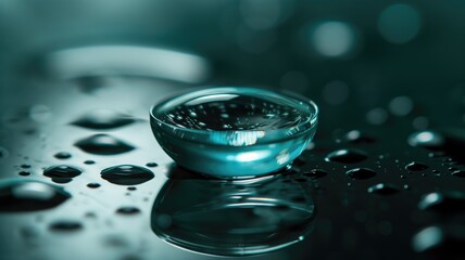 Contact lens on a wet surface with blue lighting - obrazy, fototapety, plakaty