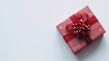 A red gift box with a shiny bow on a white background