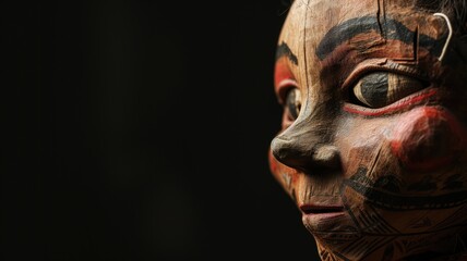 A carved, painted tribal mask with a solemn expression - obrazy, fototapety, plakaty