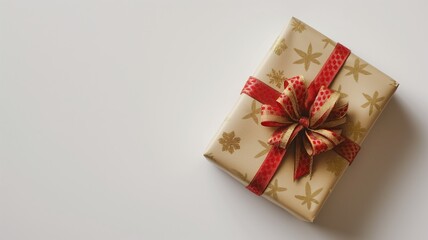 Gift box wrapped in golden paper with red ribbon on white