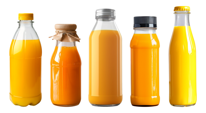 set of orange juice in a bottle isolated 