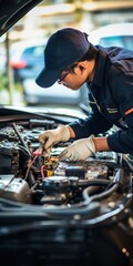 Car mechanic wearing gloves and cap using multimeter to test car battery