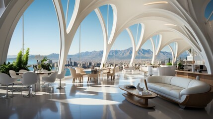 Modern luxury restaurant interior with city and mountain views - obrazy, fototapety, plakaty