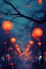 lanterns hanging on a tree, in the style of dark turquoise and light red, Chinese New Year festivities, photorealistic urban scenes, creative commons attribution, light orange, and dark bronze