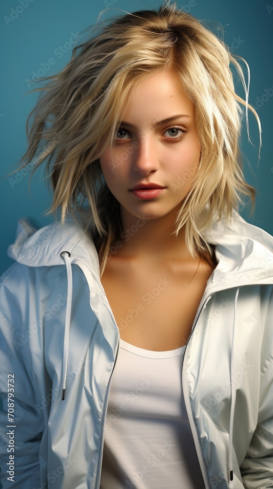 Poster Portrait of a young blonde woman in a white jacket