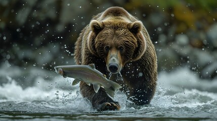 River's Catch: Low-Angle Shot of Bear Snatching Salmon in Wild Waters - obrazy, fototapety, plakaty
