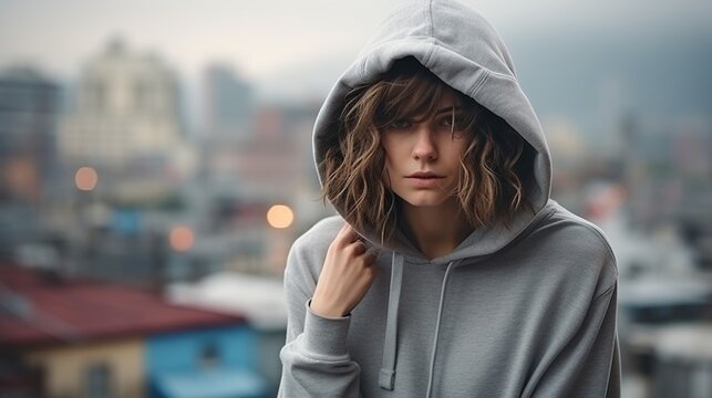 Portrait of a young woman in a gray hoodie looking at the camera with a serious expression