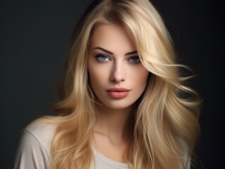 Naklejka premium Stunning blonde woman with blue eyes and flowing hair