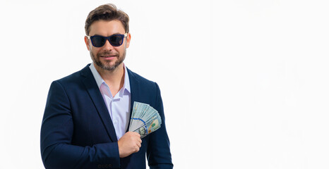 Man with hundred dollar bill, dollars banknotes. Man holding lots of 100 dollar bills. Easy money credit. Payday and payment concept. Profit and richness. Earn money. Businessman successful deal.